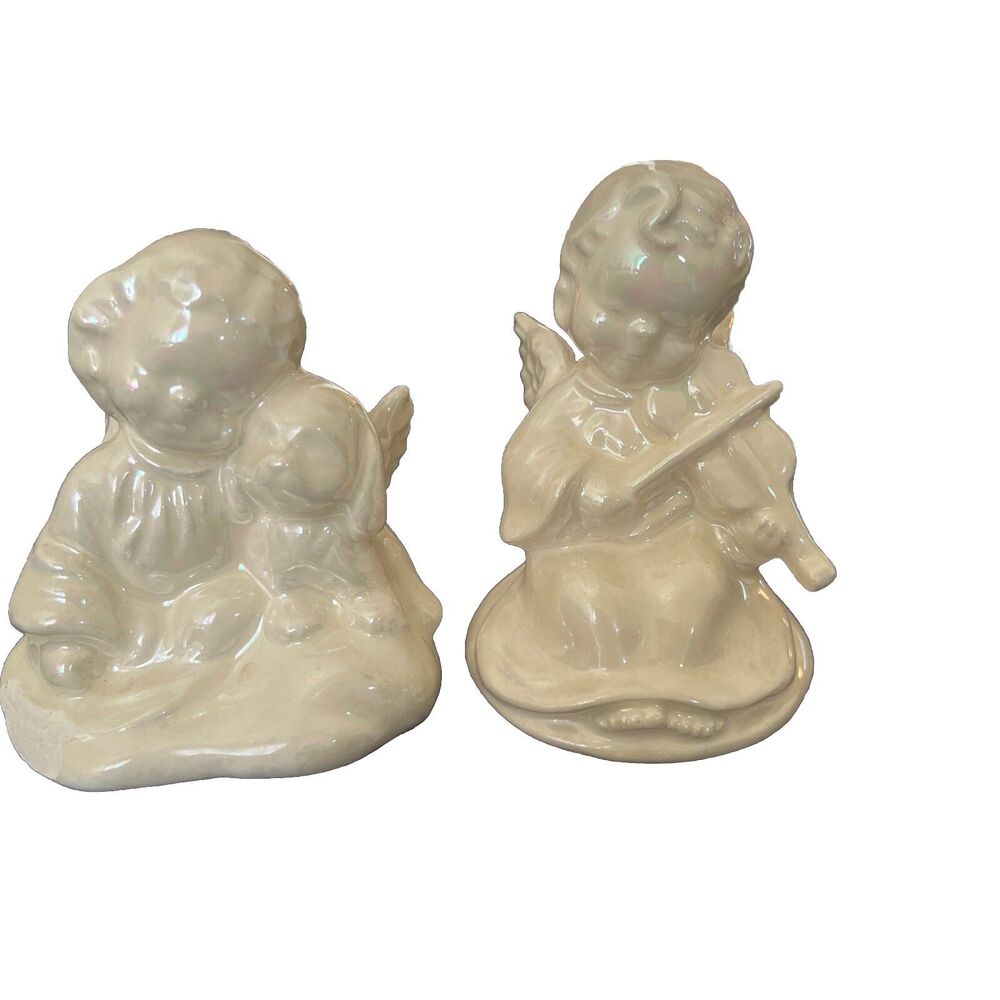 2 Vintage Ceramic Angels- 1 Plays the Violin, 1 with Its Arm Around a Puppy